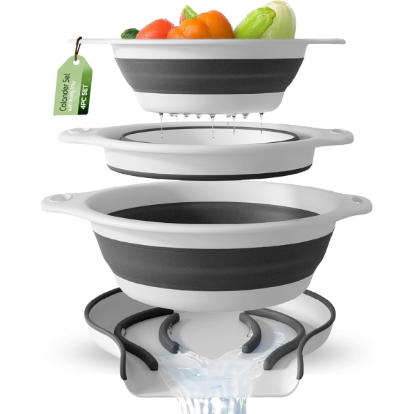 Collapsible Colander with Draining Tray – 3-Pack Set in Crisp White