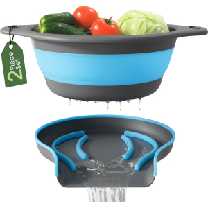 Collapsible Colander with Draining Tray – Cool Blue